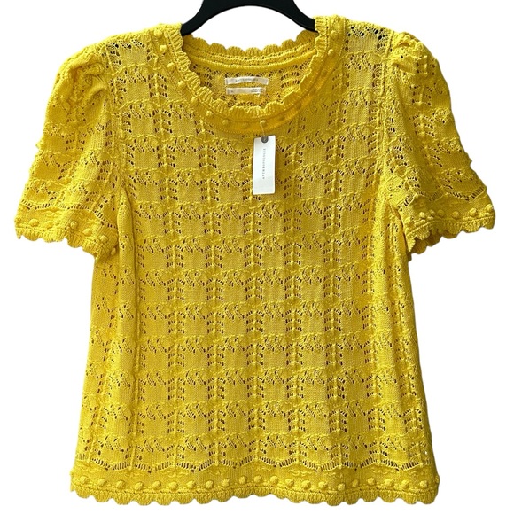 NWT Anthropologie Pointelle Sweater Scallop Hem Knit Maize Yellow Gold Size XL - Picture 2 of 13